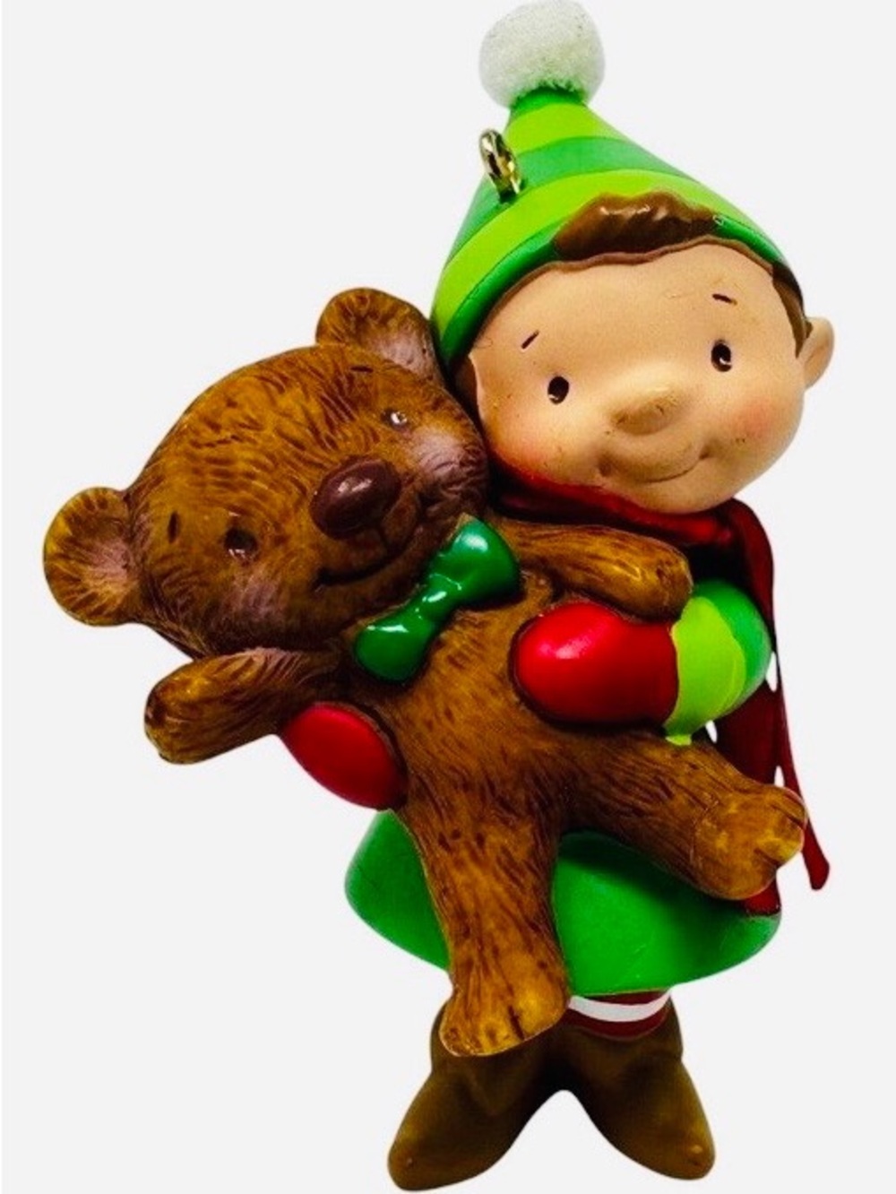Hallmark Elf Ornament in Green with Brown Teddy Bear